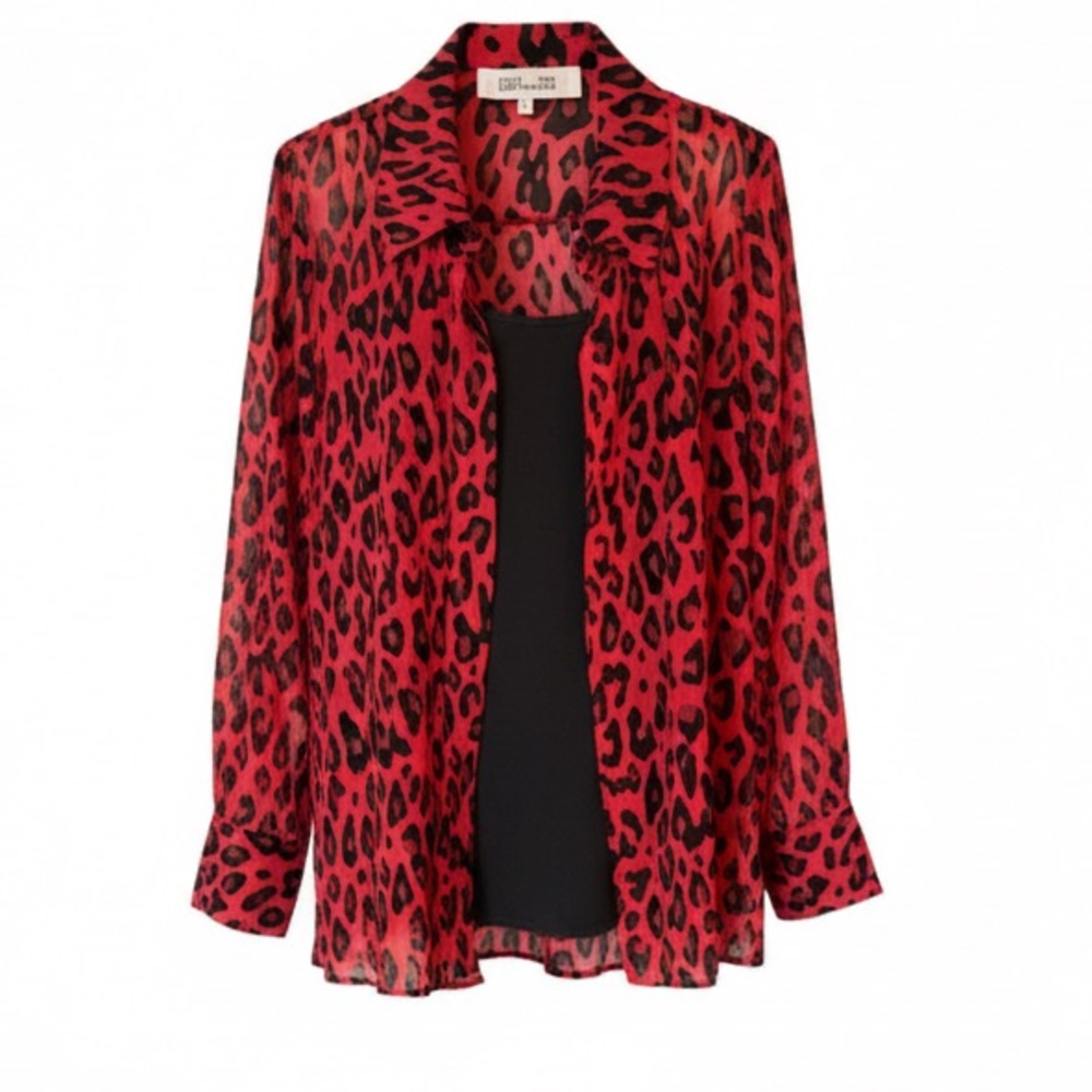 Diane Von Furstenberg Animal Crepe Button Doen Shirt with Black Tank Liner